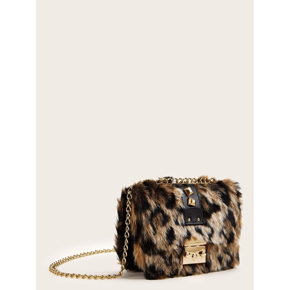 Leopard Print Fur Studs Metal Lock Crossbody Bag - Picture 2 of 6